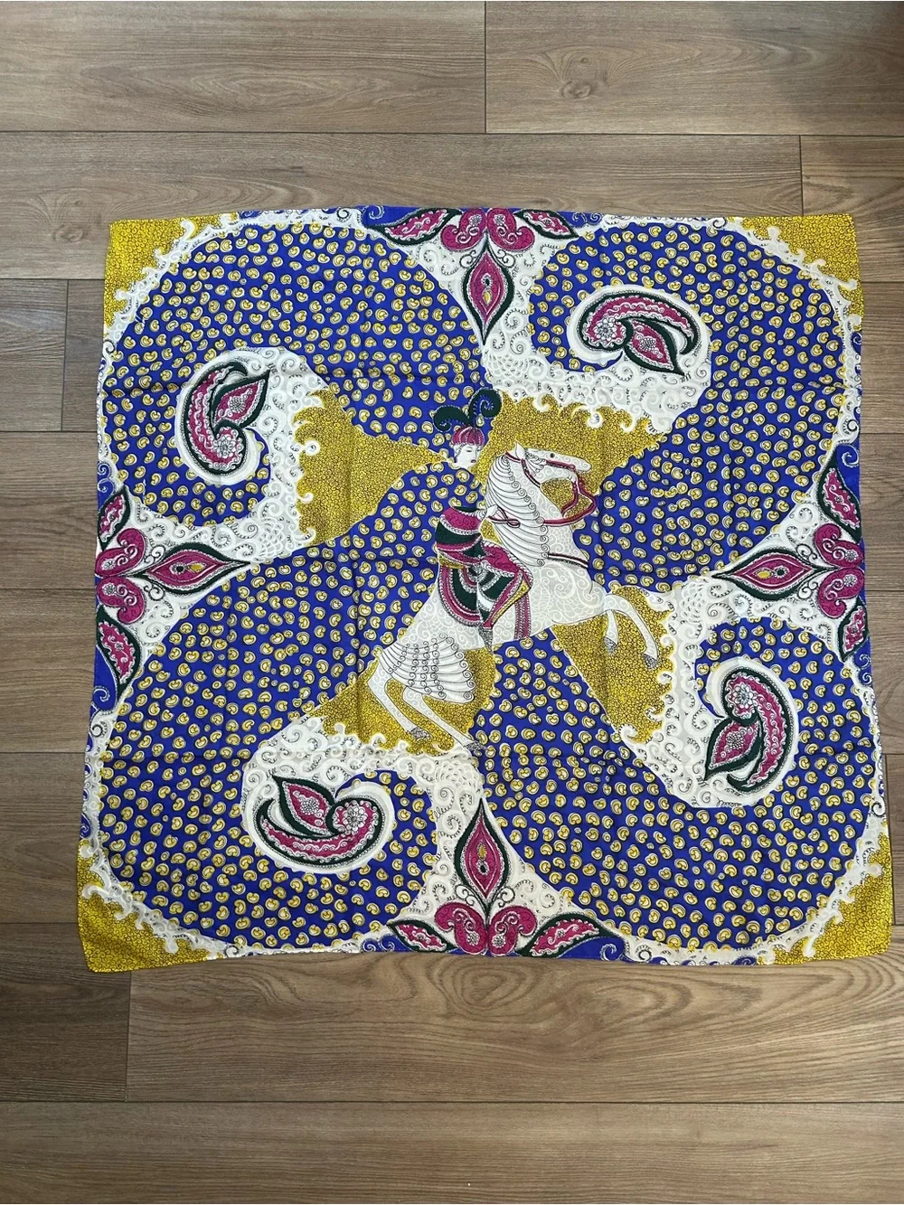Equestrian Horse Rider Paisley Square Scarf Blue Gold Pink Designer Inspired